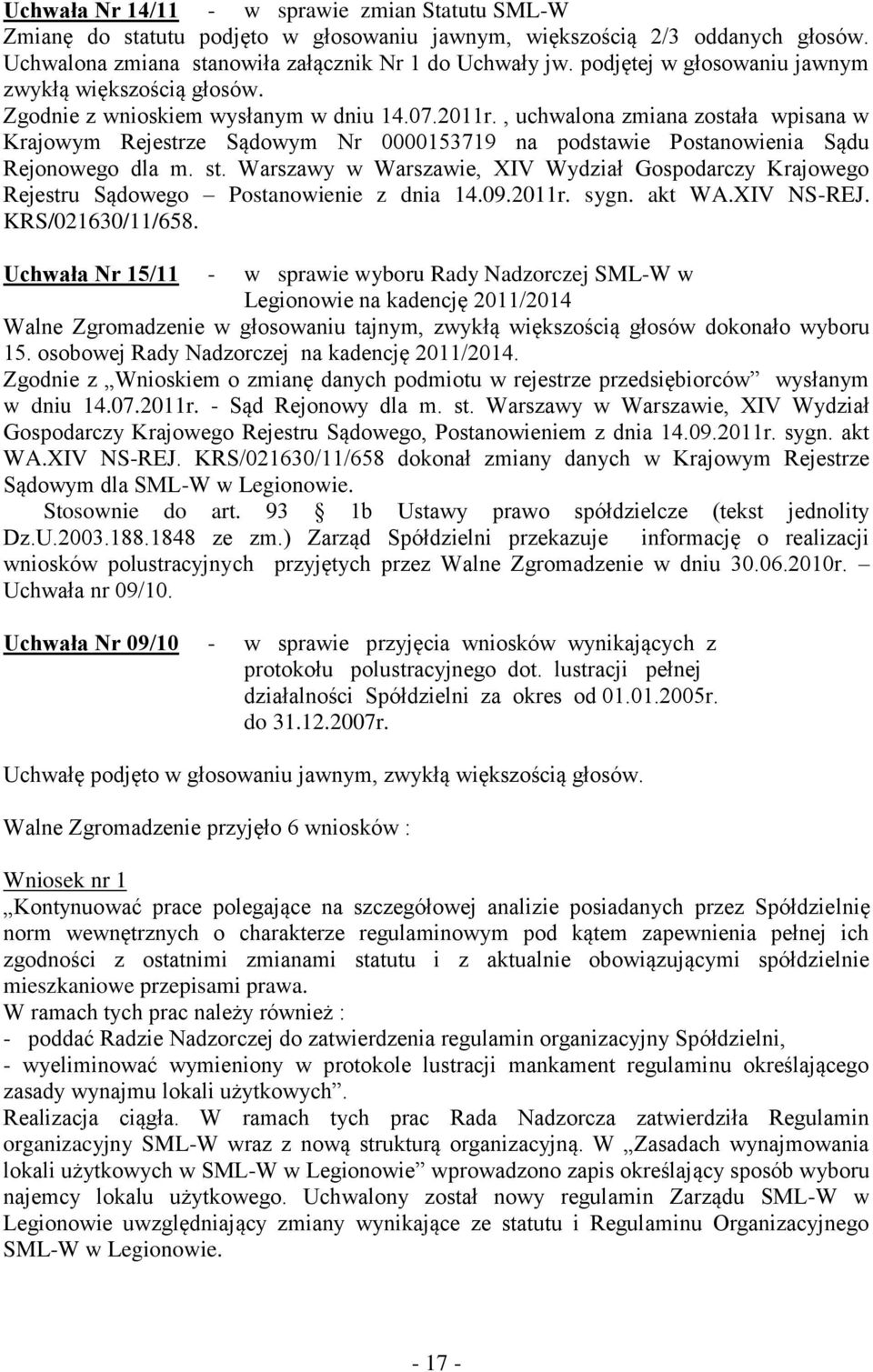 , uchwalona zmiana została wpisana w Krajowym Rejestrze Sądowym Nr 0000153719 na podstawie Postanowienia Sądu Rejonowego dla m. st.