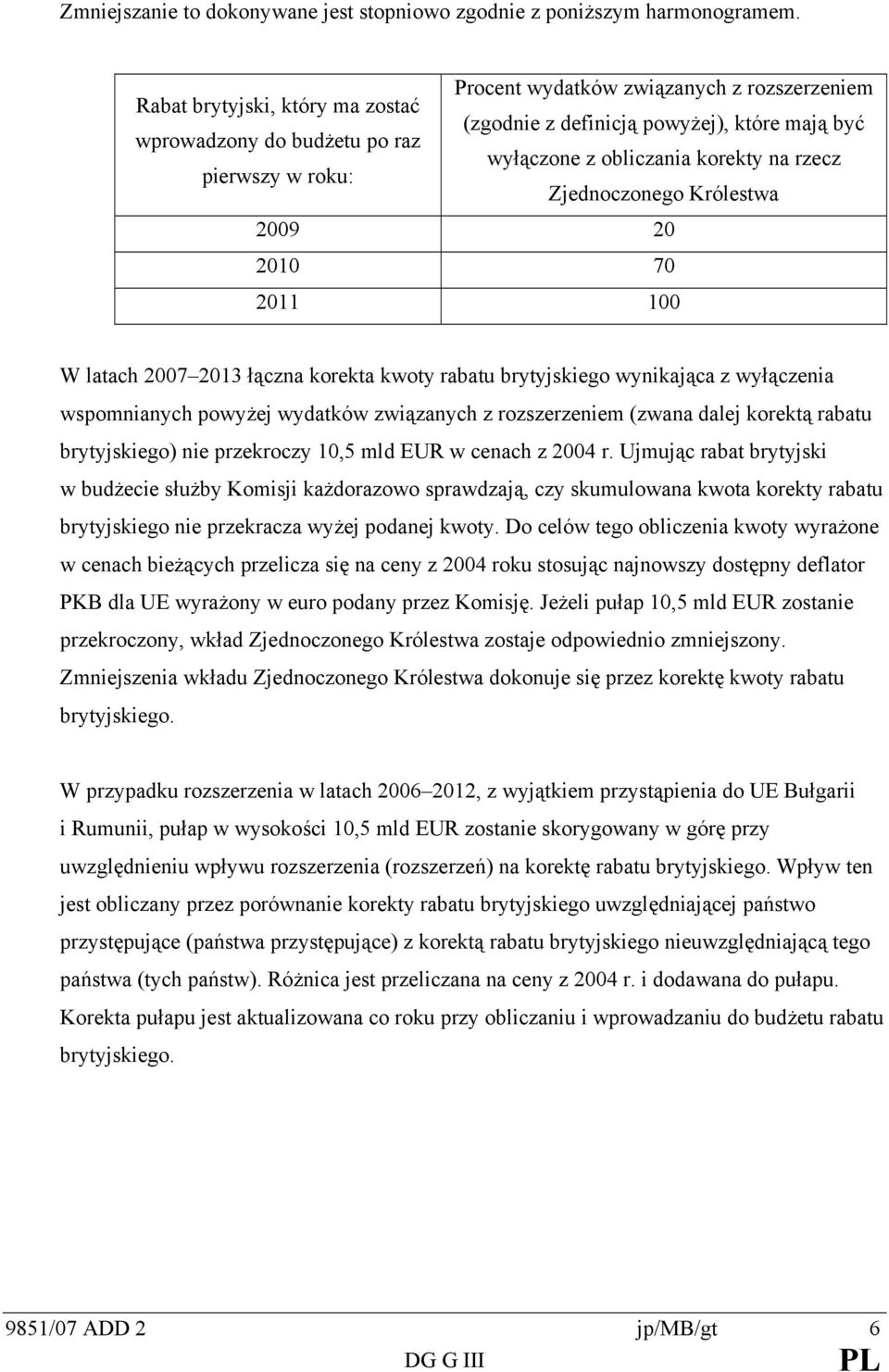 roku: Zjednoczonego Króleswa 2009 20 2010 70 2011 100 W laach 2007 2013 łączna koreka kwoy rabau bryyjskiego wynikająca z wyłączenia wspomnianych powyżej wydaków związanych z rozszerzeniem (zwana