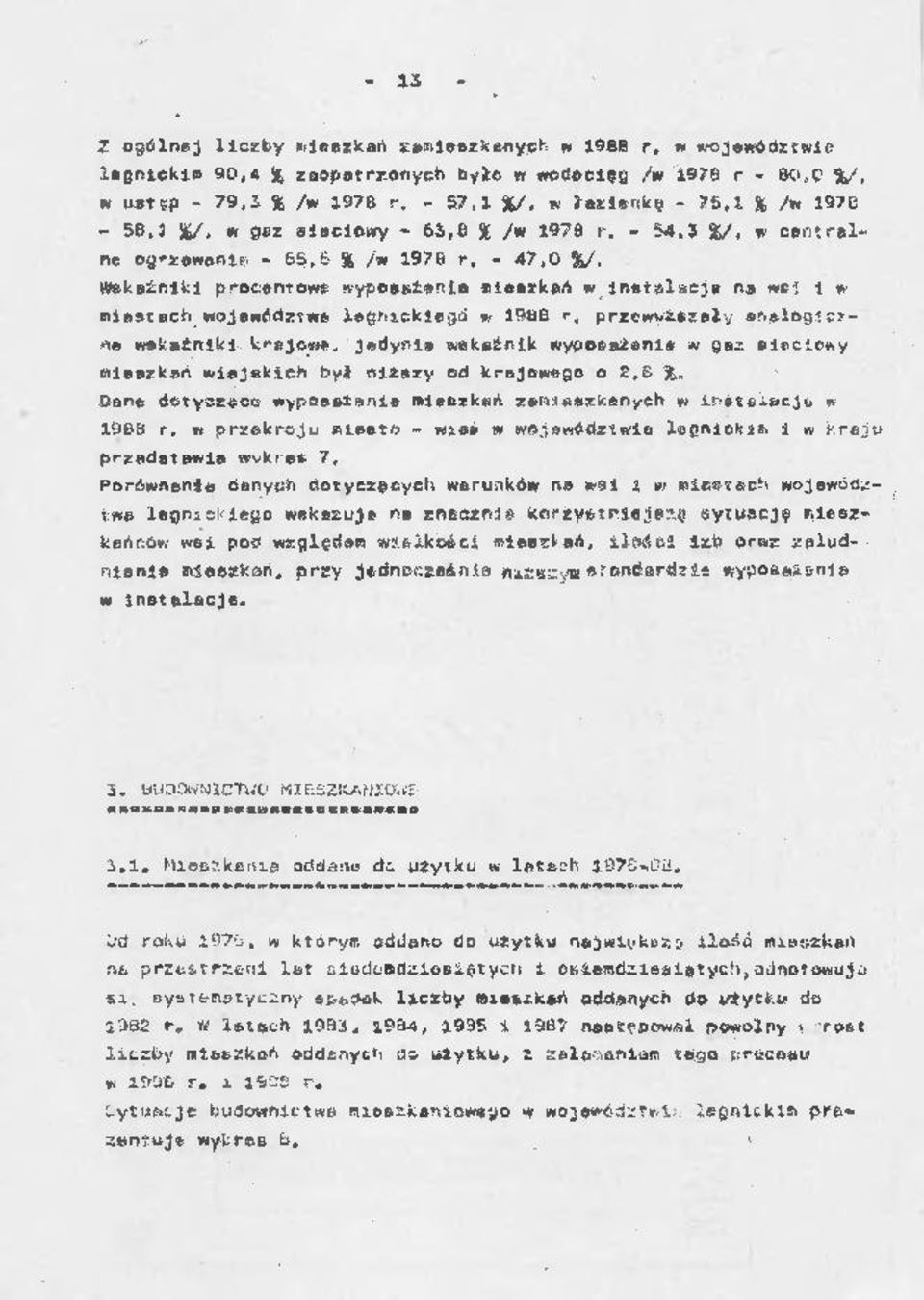 Wskaźniki procentowe wyposażenia mieszkań w instalacje na wsi i w miastach województwo legnickiegd w 1966 r, przewyższały analogiczne wskaźniki, krajowe, jedynie wskaźnik wyposażenia w gez sieciowy