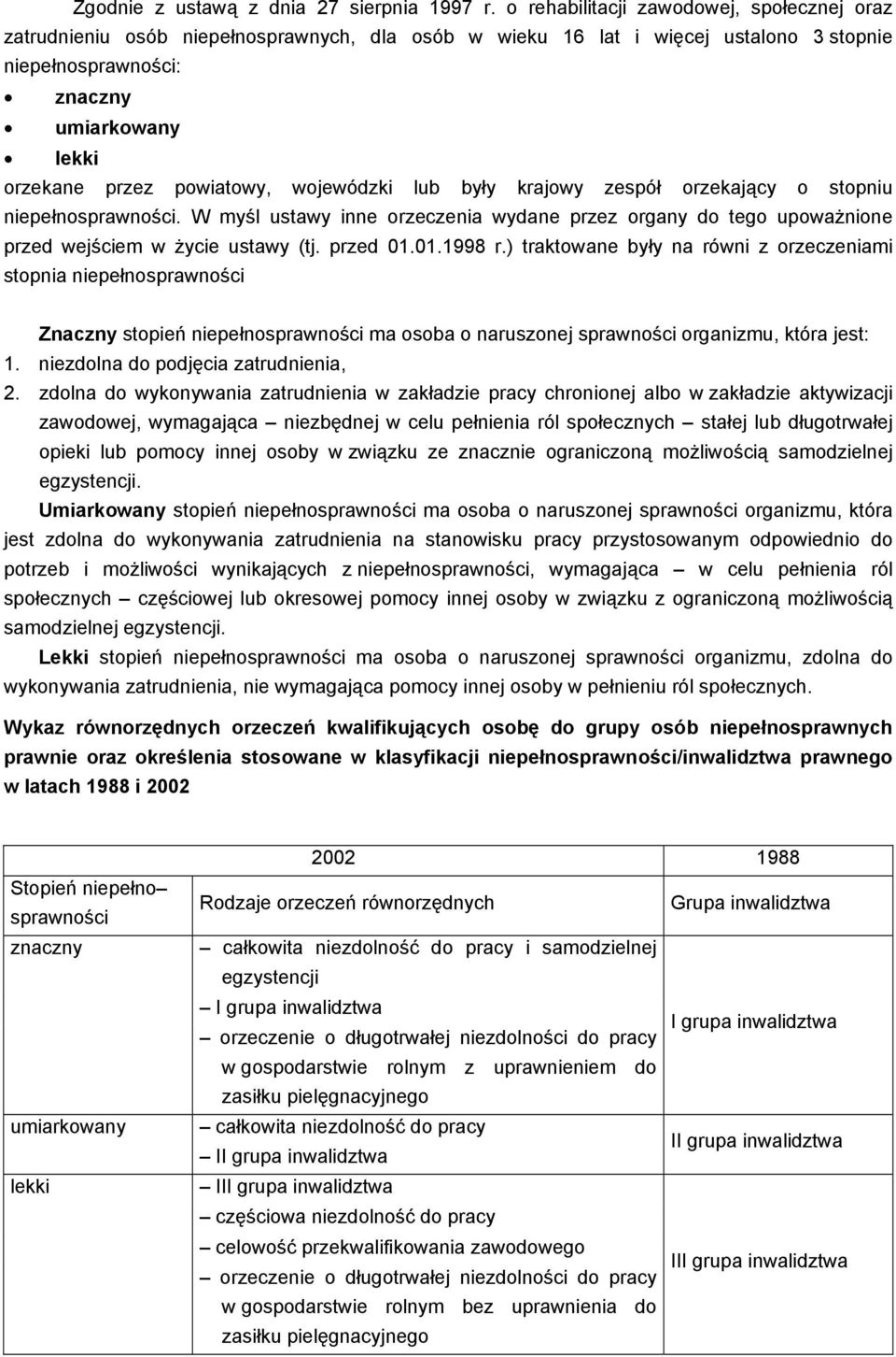 powiatowy, wojewódzki lub były krajowy zespół orzekający o stopniu niepełnosprawności. W myśl ustawy inne orzeczenia wydane przez organy do tego upoważnione przed wejściem w życie ustawy (tj.