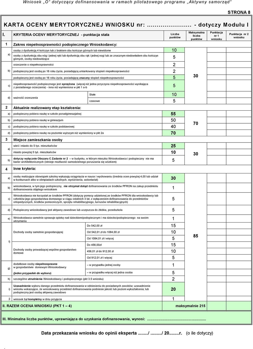 osoby niedowidzące 5 orzeczenie o niepełnosprawności 2 Maksymalna liczba punktów Punktacja nr 1 wniosku Punktacja nr 2 wniosku b) podopieczny jest osobą po 16 roku życia, posiadającą umiarkowany