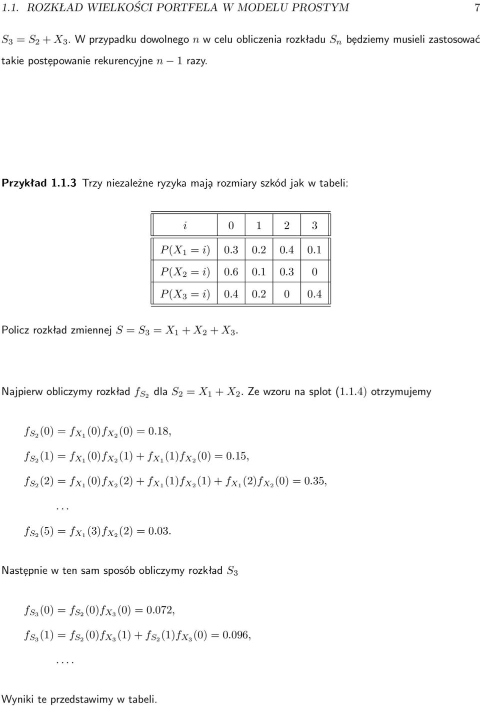 4 Policz rozkład zmiennej S = S 3 = X 1 + X 2 + X 3. Najpierw obliczymy rozkład f S2 dla S 2 = X 1 + X 2. Ze wzoru na splot (1.1.4) otrzymujemy f S2 (0) = f X1 (0)f X2 (0) = 0.