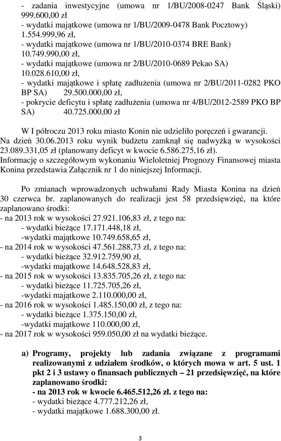 610,00 zł, - wydatki majątkowe i spłatę zadłużenia (umowa nr 2/BU/2011-0282 PKO BP SA) 29.500.000,00 zł, - pokrycie deficytu i spłatę zadłużenia (umowa nr 4/BU/2012-2589 PKO BP SA) 40.725.