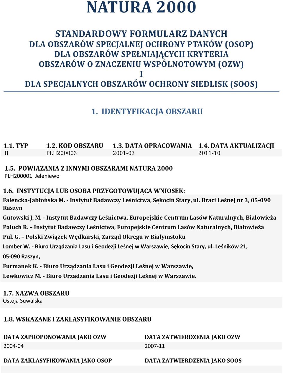 POWIAZANIA Z INNYMI OBSZARAMI NATURA 2000 PLH200001 Jeleniewo 1.6. INSTYTUCJA LUB OSOBA PRZYGOTOWUJĄCA WNIOSEK: Falencka-Jabłońska M. - Instytut Badawczy Leśnictwa, Sękocin Stary, ul.