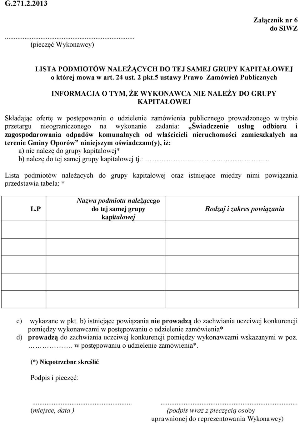 nieograniczonego na wykonanie zadania: Świadczenie usług odbioru i zagospodarowania odpadów komunalnych od właścicieli nieruchomości zamieszkałych na terenie Gminy Oporów niniejszym oświadczam(y),