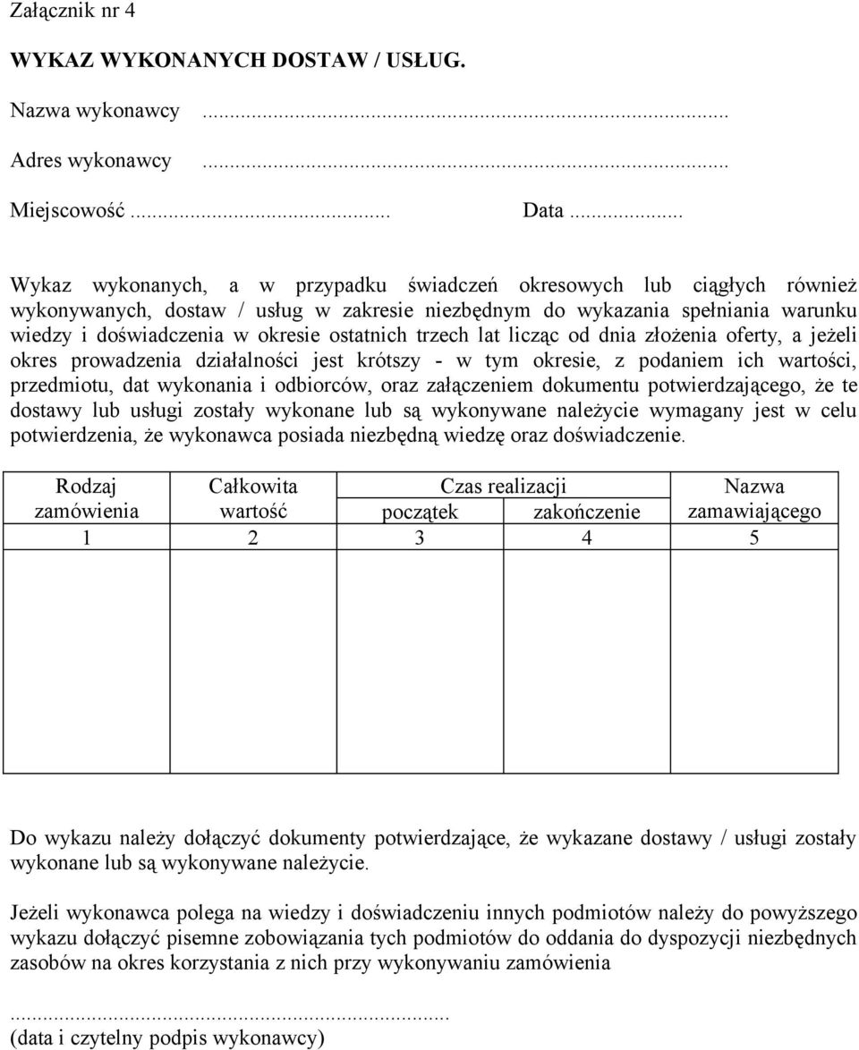 ostatnich trzech lat licząc od dnia złożenia oferty, a jeżeli okres prowadzenia działalności jest krótszy - w tym okresie, z podaniem ich wartości, przedmiotu, dat wykonania i odbiorców, oraz