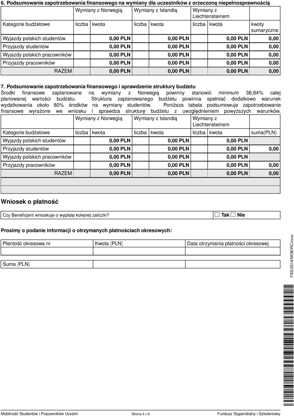 Podsumowanie zapotrzebowania finansowego i sprawdzenie struktury budżetu Środki finansowe zaplanowane na wymiany z Norwegia powinny stanowić minimum 38,84% całej planowanej wartości budżetu.