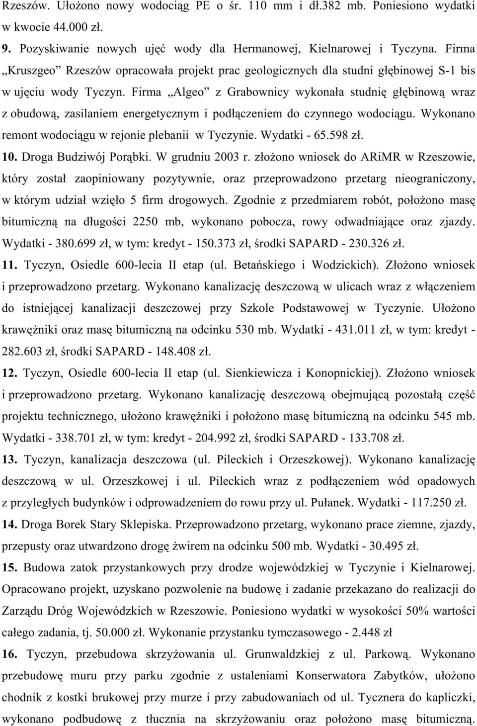 Firma Algeo z Grabownicy wykonała studnię głębinową wraz z obudową, zasilaniem energetycznym i podłączeniem do czynnego wodociągu. Wykonano remont wodociągu w rejonie plebanii w Tyczynie.
