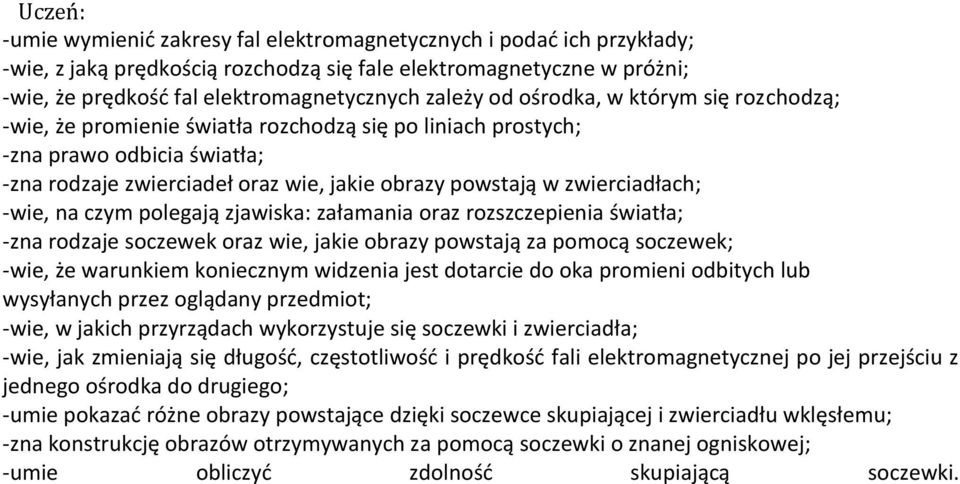 -wie, na czym polegają zjawiska: załamania oraz rozszczepienia światła; -zna rodzaje soczewek oraz wie, jakie obrazy powstają za pomocą soczewek; -wie, że warunkiem koniecznym widzenia jest dotarcie