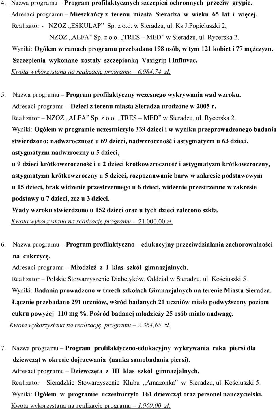 Szczepienia wykonane zostały szczepionką Vaxigrip i Influvac. Kwota wykorzystana na realizację programu 6.984,74 zł. 5. Nazwa programu Program profilaktyczny wczesnego wykrywania wad wzroku.