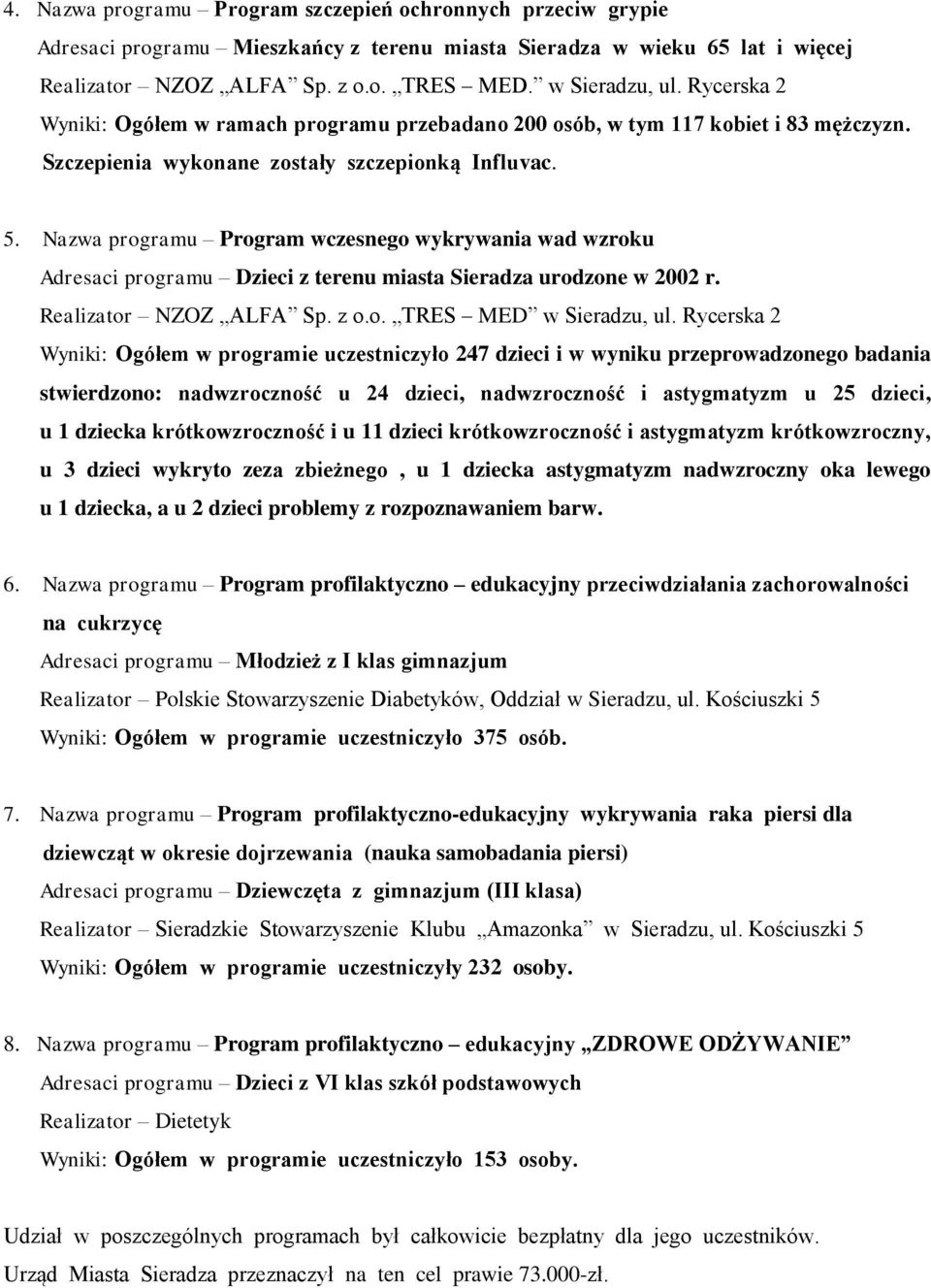 Nazwa programu Program wczesnego wykrywania wad wzroku Adresaci programu Dzieci z terenu miasta Sieradza urodzone w 2002 r. Realizator NZOZ ALFA Sp. z o.o. TRES MED w Sieradzu, ul.