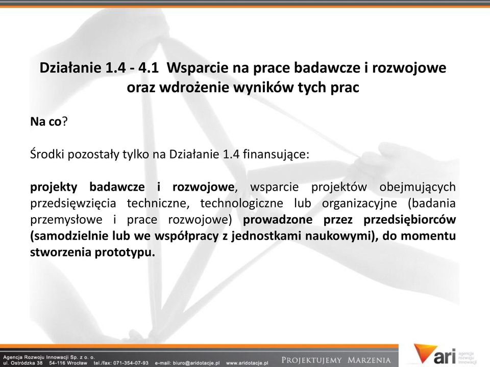 4 finansujące: projekty badawcze i rozwojowe, wsparcie projektów obejmujących przedsięwzięcia techniczne,