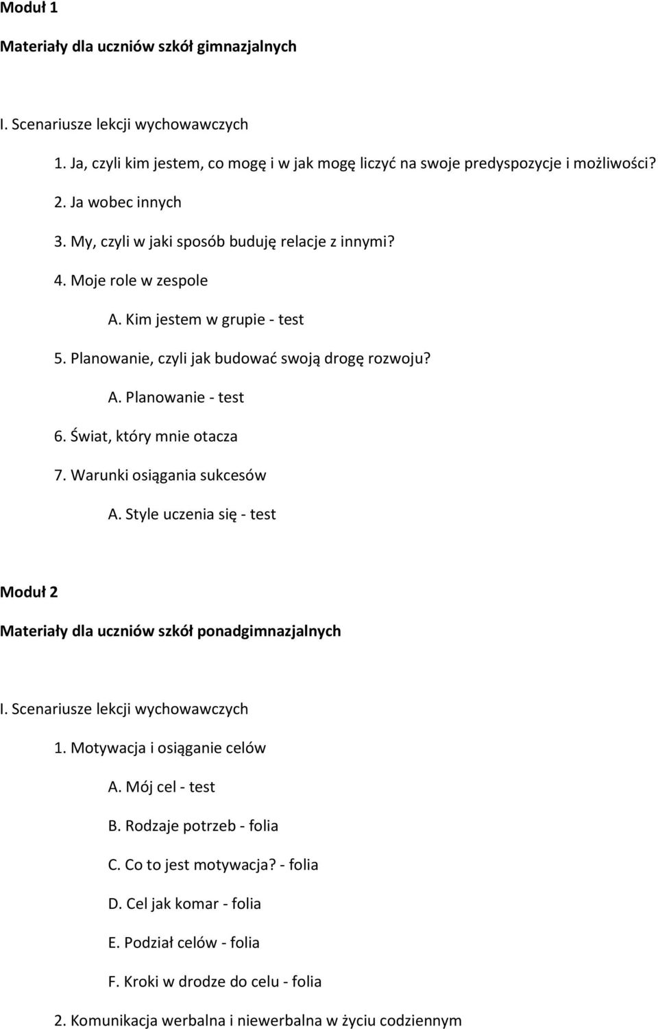 Świat, który mnie otacza 7. Warunki osiągania sukcesów A. Style uczenia się - test Moduł 2 Materiały dla uczniów szkół ponadgimnazjalnych I. Scenariusze lekcji wychowawczych 1.