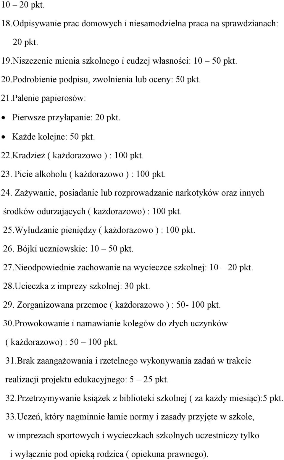 Zażywanie, posiadanie lub rozprowadzanie narkotyków oraz innych środków odurzających ( każdorazowo) : 100 pkt. 25.Wyłudzanie pieniędzy ( każdorazowo ) : 100 pkt. 26. Bójki uczniowskie: 10 50 pkt. 27.