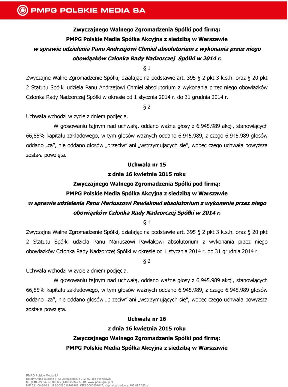 do 31 grudnia 2014 r. została Uchwała nr 15 w sprawie udzielenia Panu Mariuszowi Pawlakowi absolutorium z wykonania przez niego obowiązków Członka Rady Nadzorczej Spółki w 2014 r.