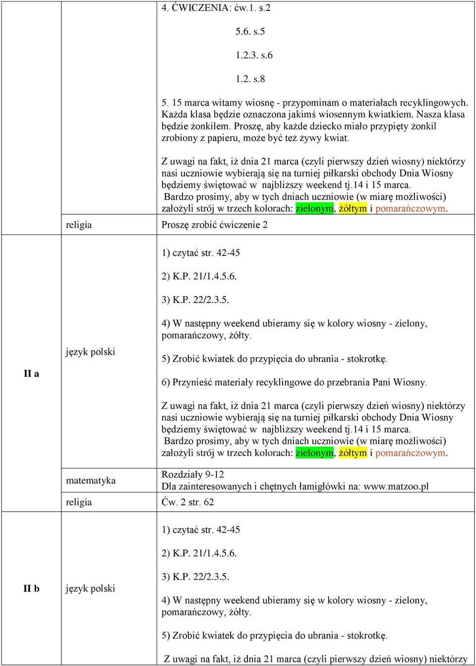 3) K.P. 22/2.3.5. II a 4) W następny weekend ubieramy się w kolory wiosny - zielony, pomarańczowy, żółty. 5) Zrobić kwiatek do przypięcia do ubrania - stokrotkę.