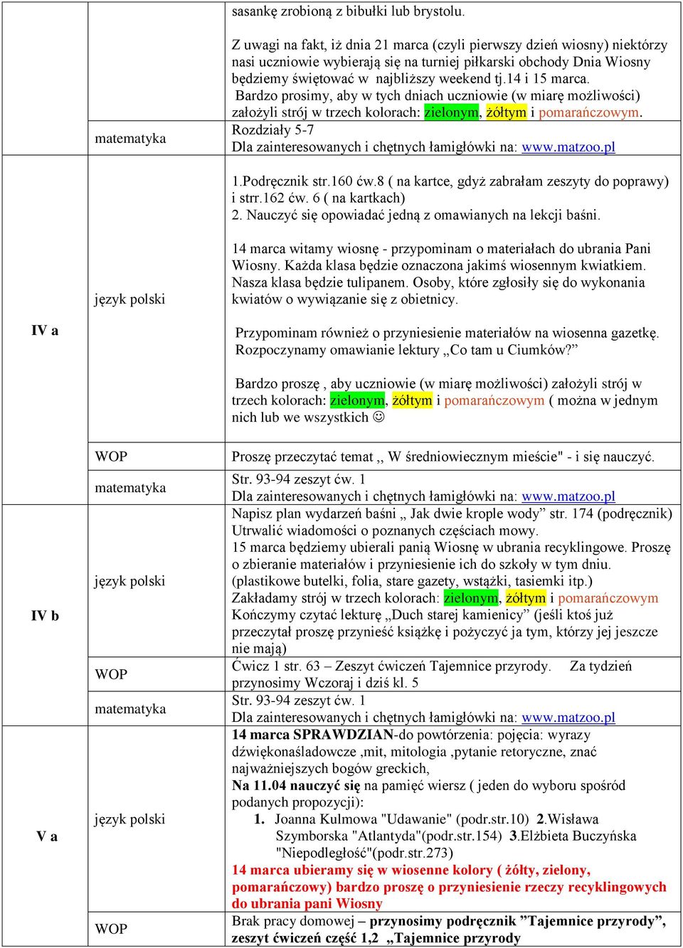 Nasza klasa będzie tulipanem. Osoby, które zgłosiły się do wykonania kwiatów o wywiązanie się z obietnicy. IV a Przypominam również o przyniesienie materiałów na wiosenna gazetkę.