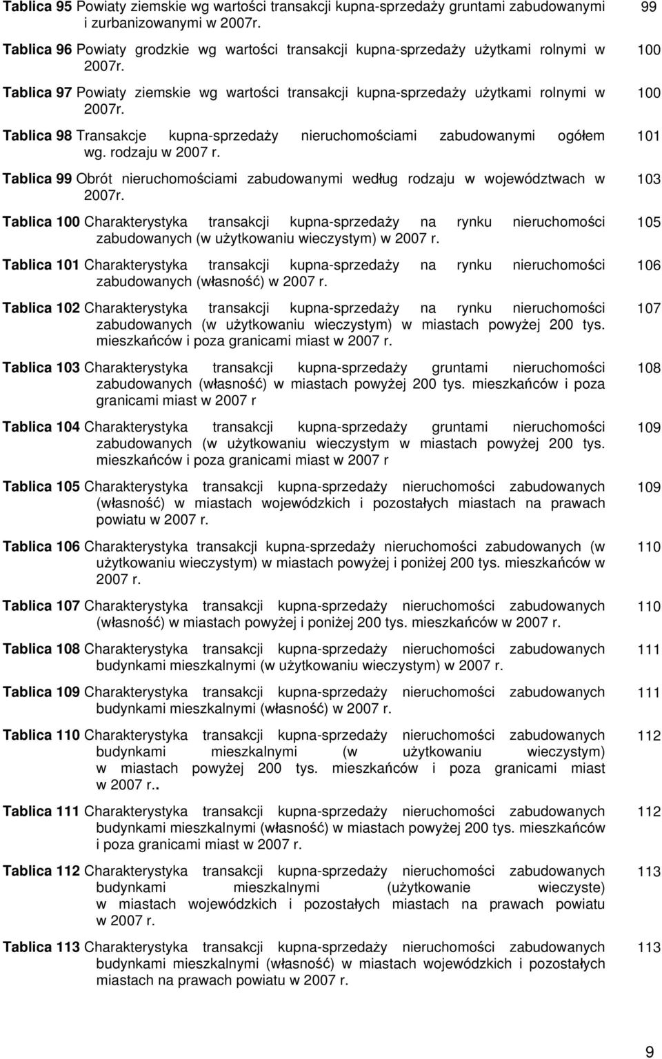 Tablica 98 Transakcje kupna-sprzedaży nieruchomościami zabudowanymi wg. rodzaju w 2007 r. Tablica 99 Obrót nieruchomościami zabudowanymi według rodzaju w województwach w 2007r.