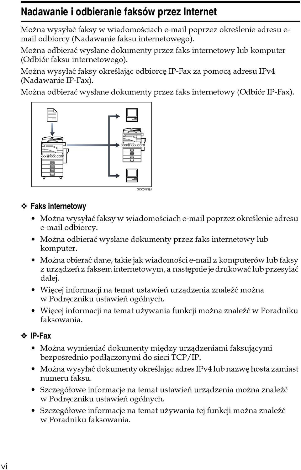 Moåna odbieraæ wysâane dokumenty przez faks internetowy (Odbiór IP-Fax). GCKONN9J Faks internetowy Moåna wysyâaæ faksy w wiadomoãciach e-mail poprzez okreãlenie adresu e-mail odbiorcy.