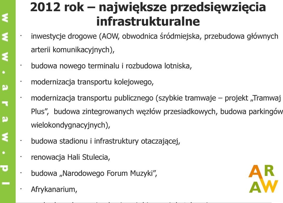 transportu publicznego (szybkie tramwaje projekt Tramwaj Plus, budowa zintegrowanych węzłów przesiadkowych, budowa parkingów