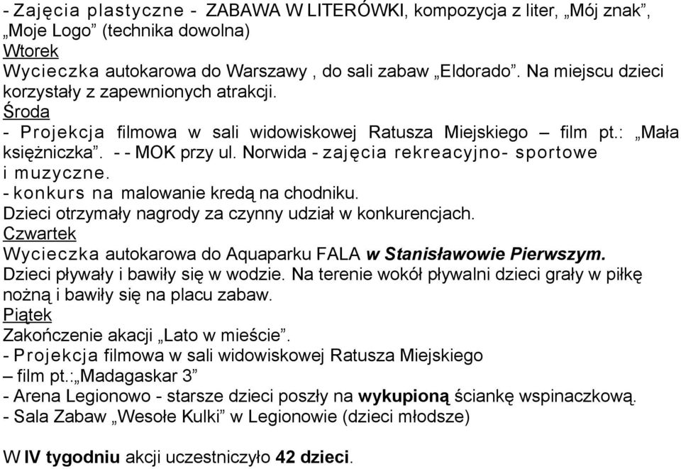 Norwida - zajęcia rekreacyjno- sportowe i muzyczne. - konkurs na malowanie kredą na chodniku. Dzieci otrzymały nagrody za czynny udział w konkurencjach.