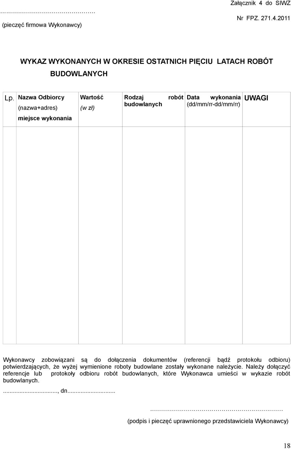 dołączenia dokumentów (referencji bądź protokołu odbioru) potwierdzających, że wyżej wymienione roboty budowlane zostały wykonane należycie.