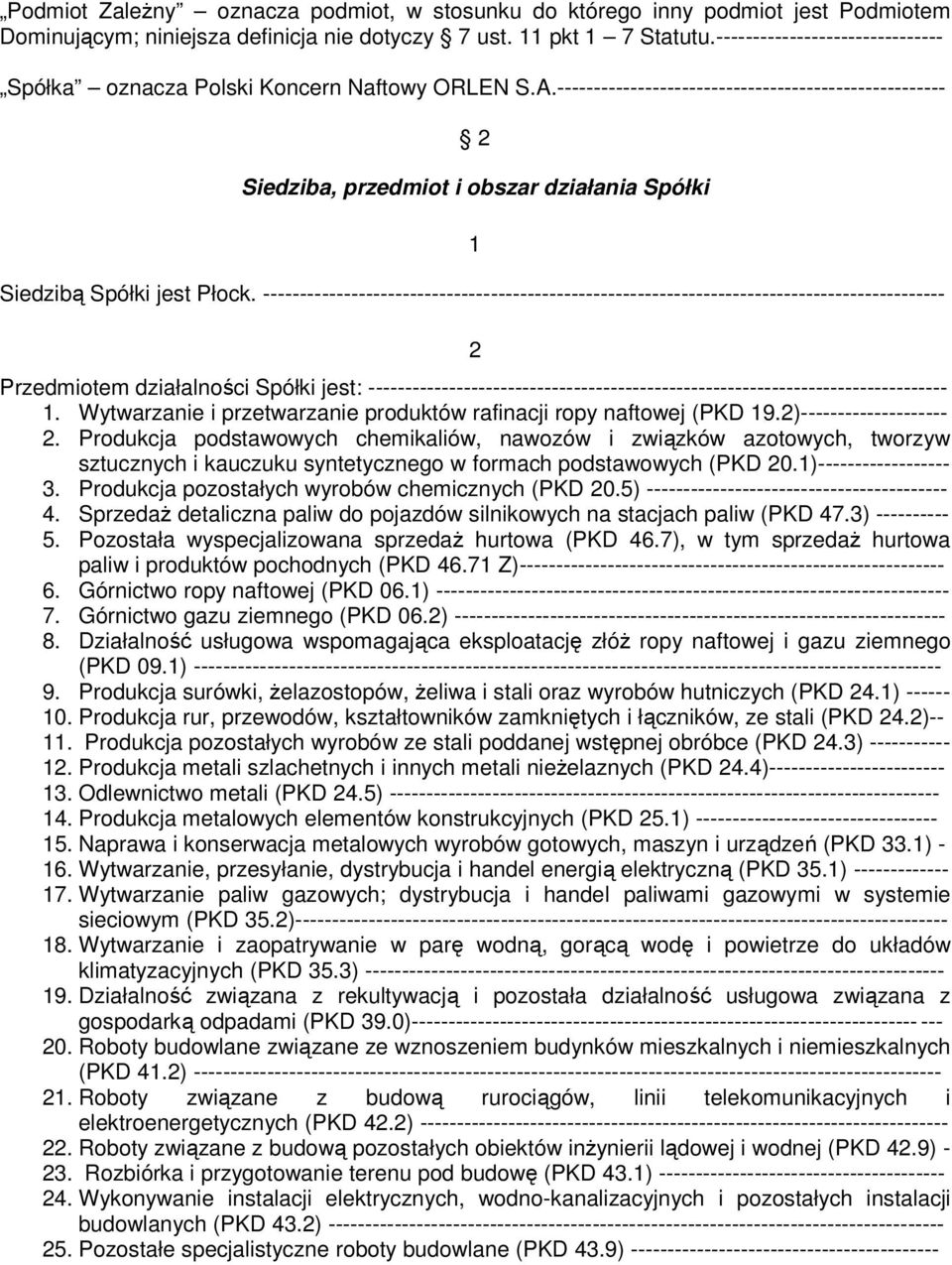 ----------------------------------------------------- 2 Siedziba, przedmiot i obszar działania Spółki 1 Siedzibą Spółki jest Płock.