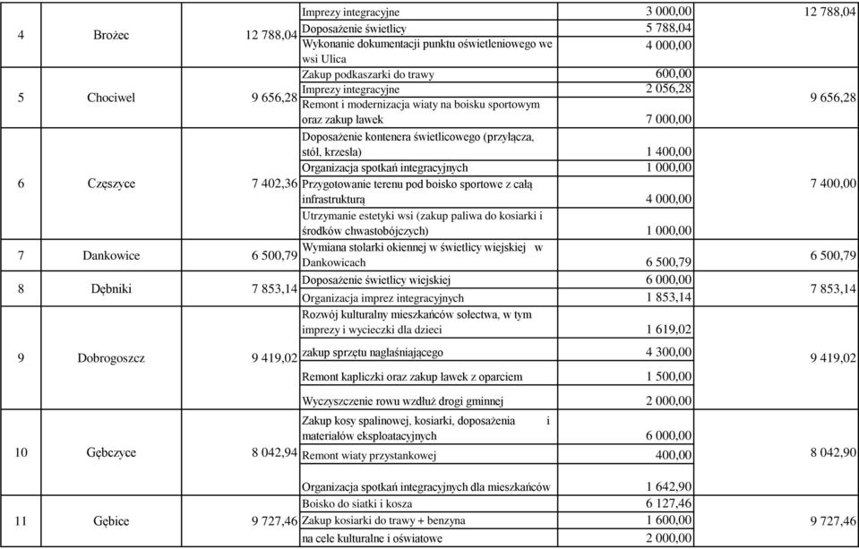 400,00 Organizacja spotkań integracyjnych 1 000,00 6 Częszyce 7 402,36 Przygotowanie terenu pod boisko sportowe z całą 7 400,00 infrastrukturą 4 000,00 Utrzymanie estetyki wsi (zakup paliwa do