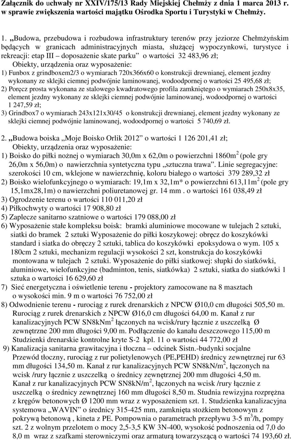 Budowa, przebudowa i rozbudowa infrastruktury terenów przy jeziorze Chełmżyńskim rekreacji: etap III doposażenie skate parku o wartości 32 483,96 zł; Obiekty, urządzenia oraz wyposażenie: 1) Funbox z