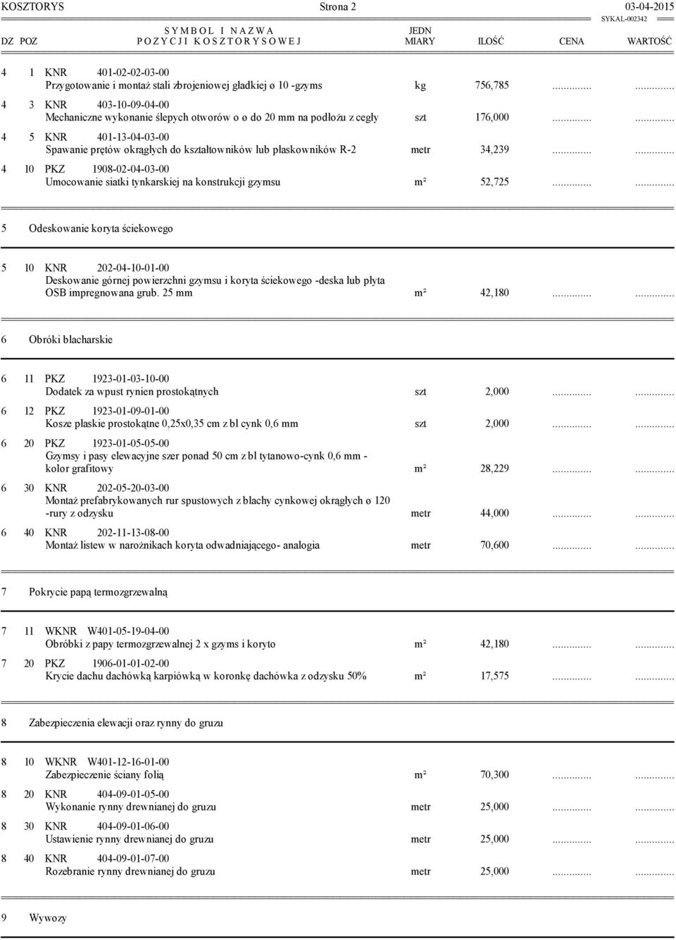 ..... 4 5 KNR 401-13-04-03-00 Spawanie prętów okrągłych do kształtowników lub płaskowników R-2 metr 34,239...... 4 10 PKZ 1908-02-04-03-00 Umocowanie siatki tynkarskiej na konstrukcji gzymsu m² 52,725.