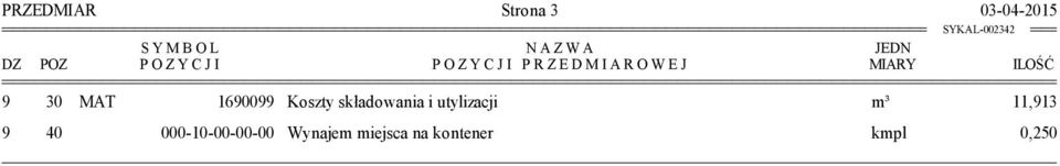 MAT 1690099 Koszty składowania i utylizacji m³ 11,913 9 40