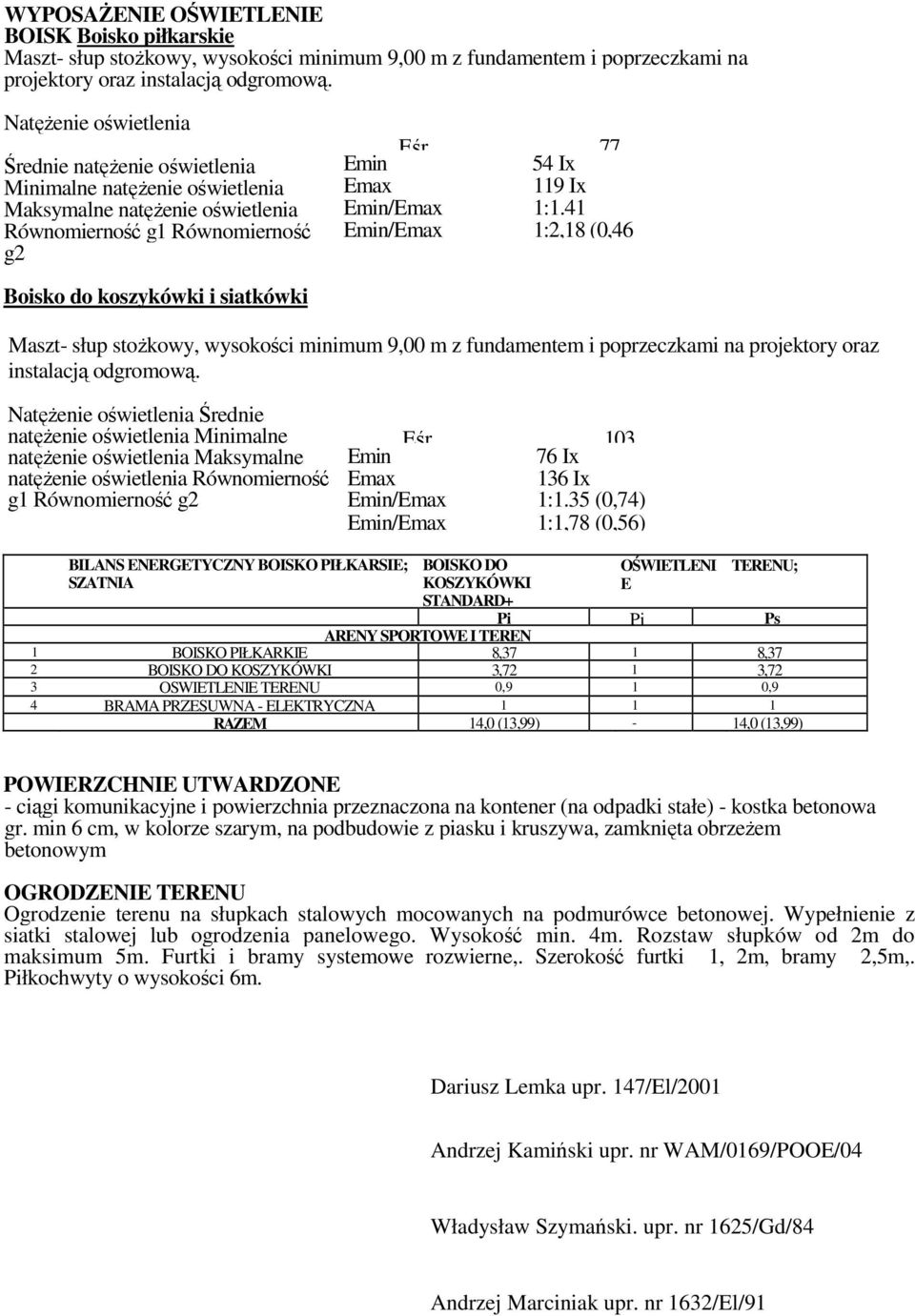 41 1:2,18 (0,46 Boisko do koszykówki i siatkówki Maszt- słup stoŝkowy, wysokości minimum 9,00 m z fundamentem i poprzeczkami na projektory oraz instalacją odgromową.