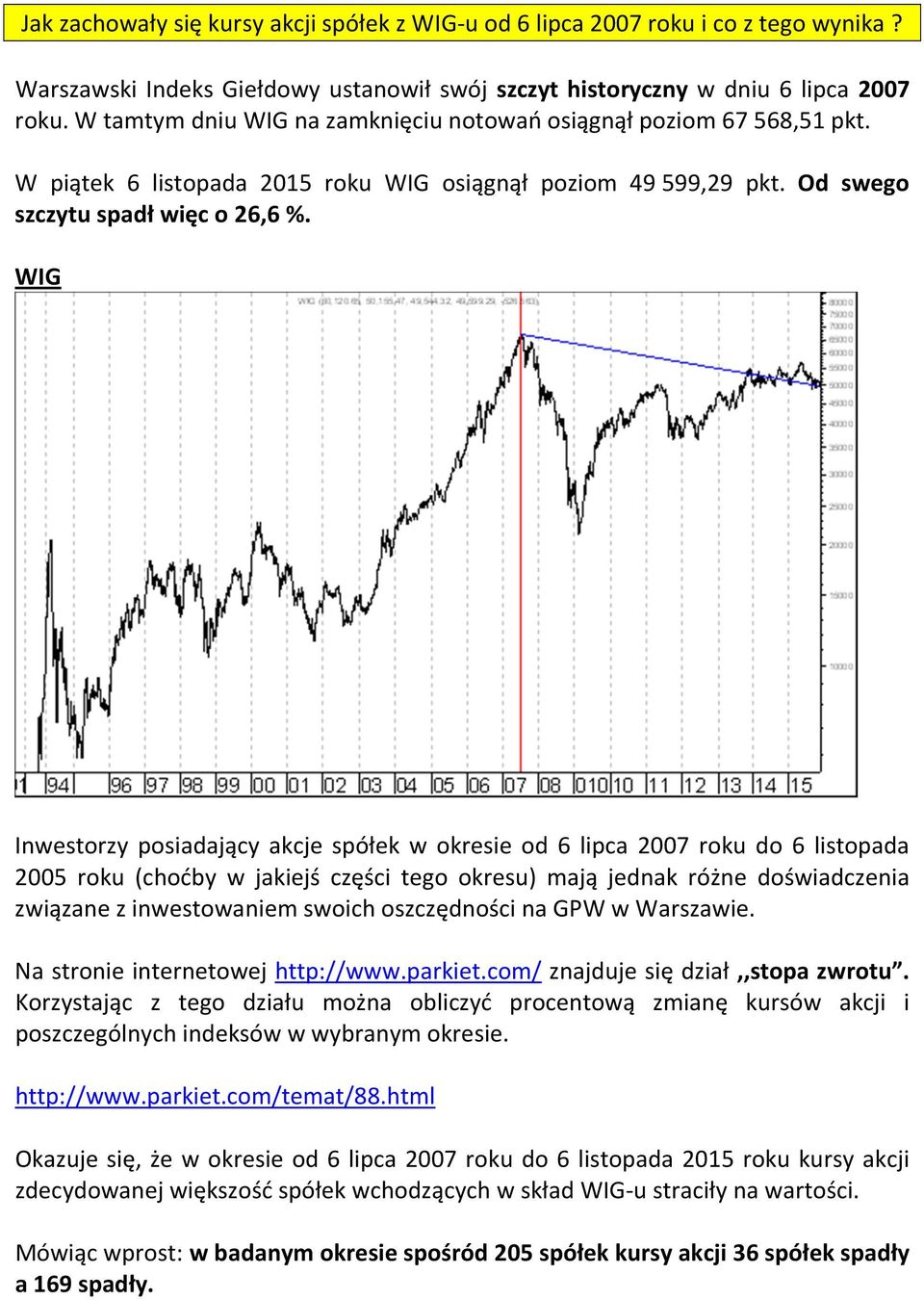 WIG Inwestorzy posiadający akcje spółek w okresie od 6 lipca 2007 roku do 6 listopada 2005 roku (choćby w jakiejś części tego okresu) mają jednak różne doświadczenia związane z inwestowaniem swoich