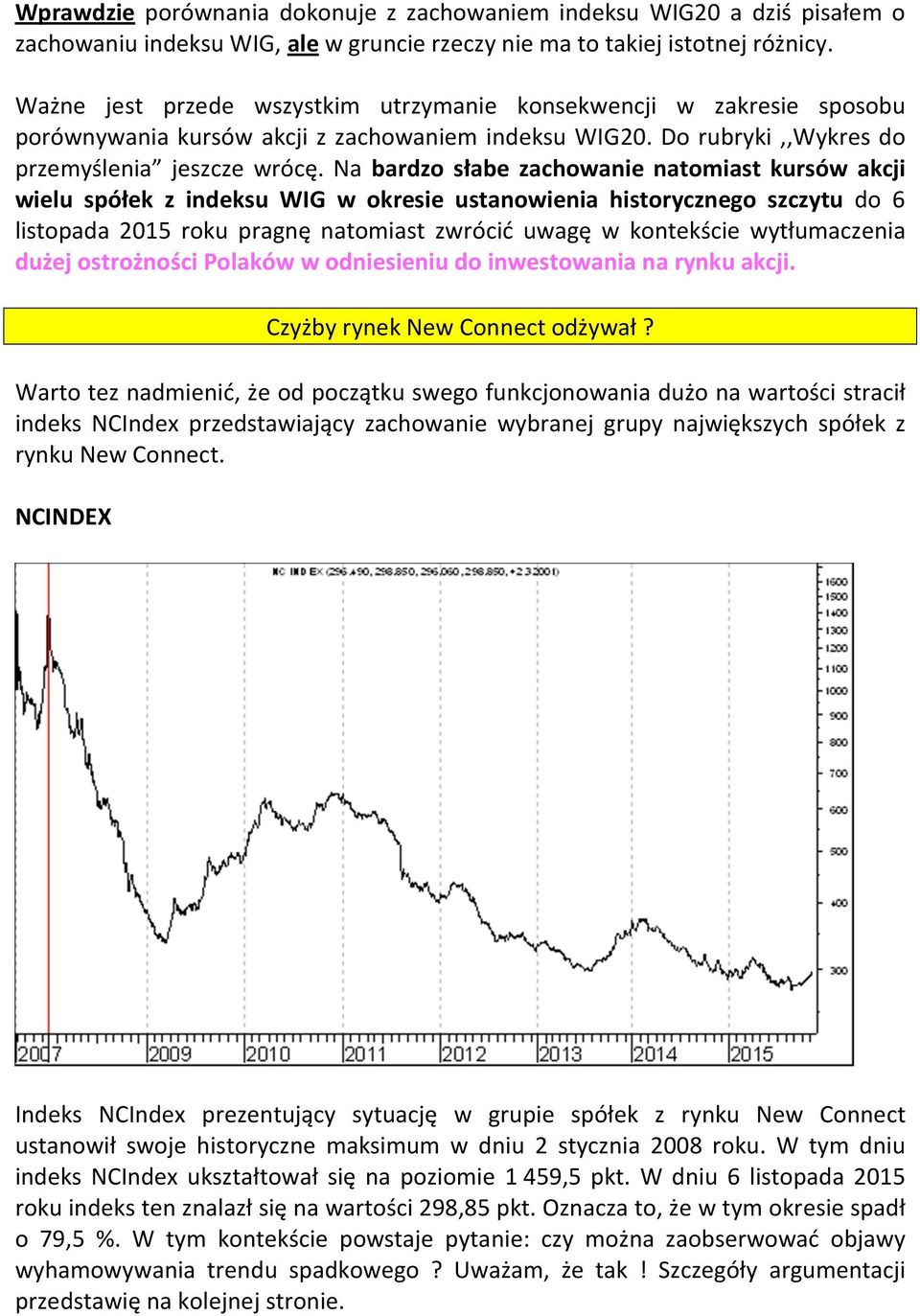 Na bardzo słabe zachowanie natomiast kursów akcji wielu spółek z indeksu WIG w okresie ustanowienia historycznego szczytu do 6 listopada 2015 roku pragnę natomiast zwrócić uwagę w kontekście