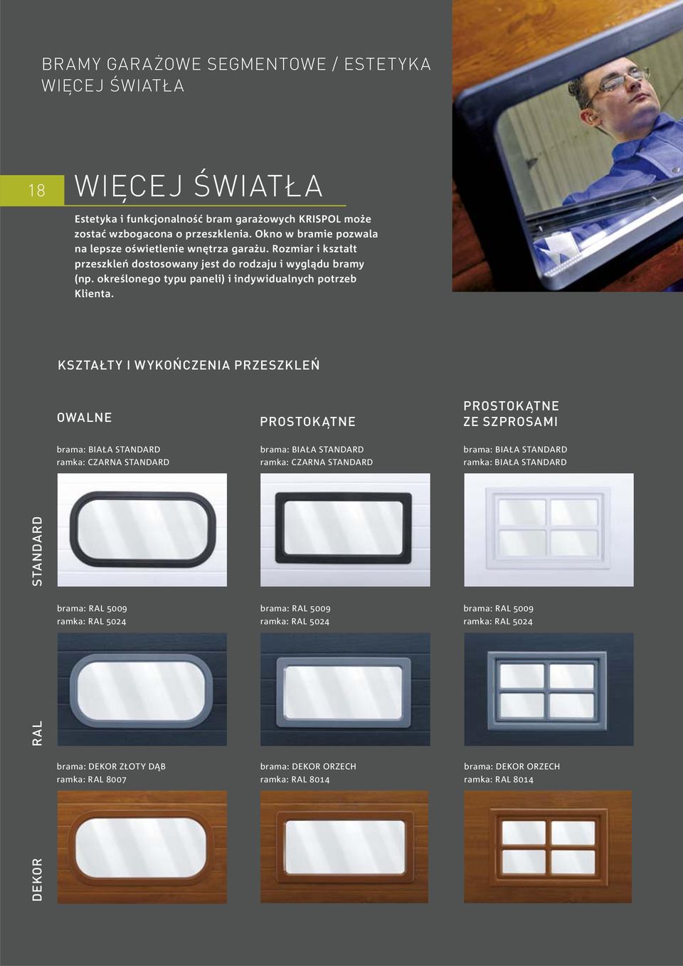 KSZTAŁTY I WYKOŃCZENIA PRZESZKLEŃ OWALNE PROSTOKĄTNE PROSTOKĄTNE ZE SZPROSAMI brama: BIAŁA STANDARD ramka: CZARNA STANDARD brama: BIAŁA STANDARD ramka: CZARNA STANDARD brama: BIAŁA STANDARD ramka: