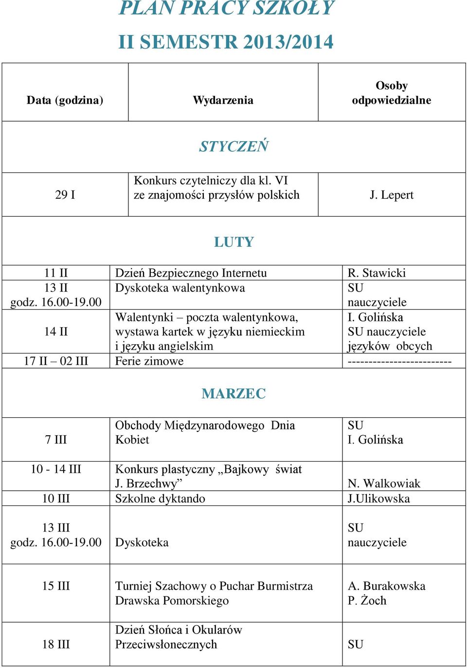 Golińska języków obcych 17 II 02 III Ferie zimowe ------------------------- MARZEC 7 III Obchody Międzynarodowego Dnia Kobiet I. Golińska 10-14 III Konkurs plastyczny Bajkowy świat J.