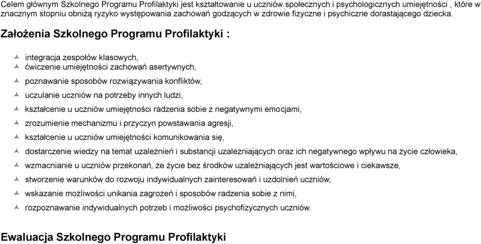 Założenia Szkolnego Programu Profilaktyki : integracja zespołów klasowych, ćwiczenie umiejętności zachowań asertywnych, poznawanie sposobów rozwiązywania konfliktów, uczulanie uczniów na potrzeby