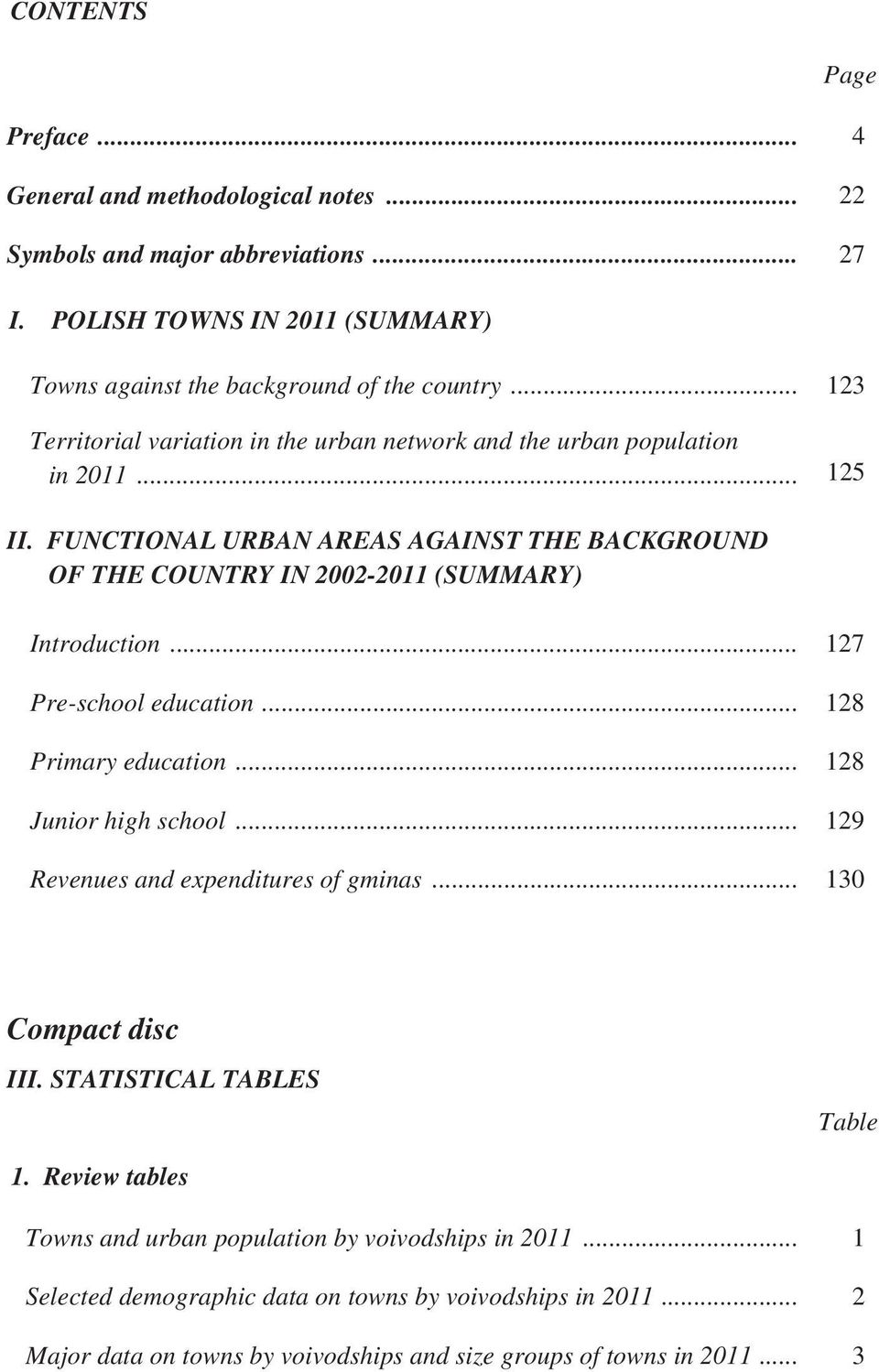FUNCTIONAL URBAN AREAS AGAINST THE BACKGROUND OF THE COUNTRY IN 2002-2011 (SUMMARY) Introduction... 127 Pre-school education... 128 Primary education... 128 Junior high school.