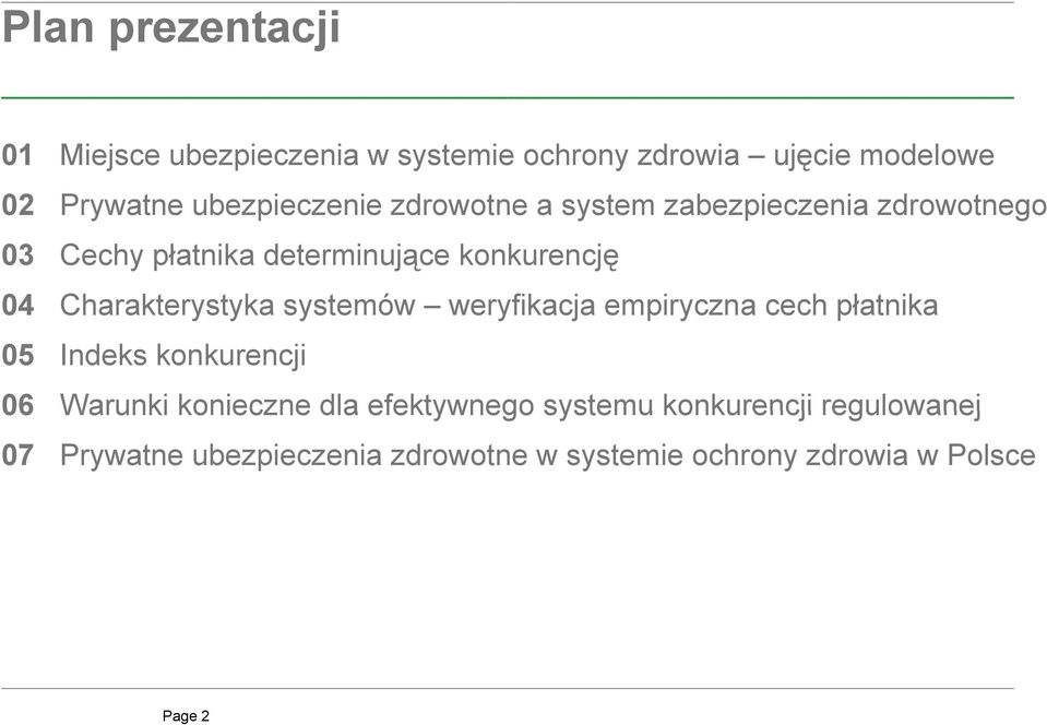 Charakterystyka y systemów wery yfikacja empiryczna cech płatnika 05 Indeks konkurencji 06 Warunki konieczne