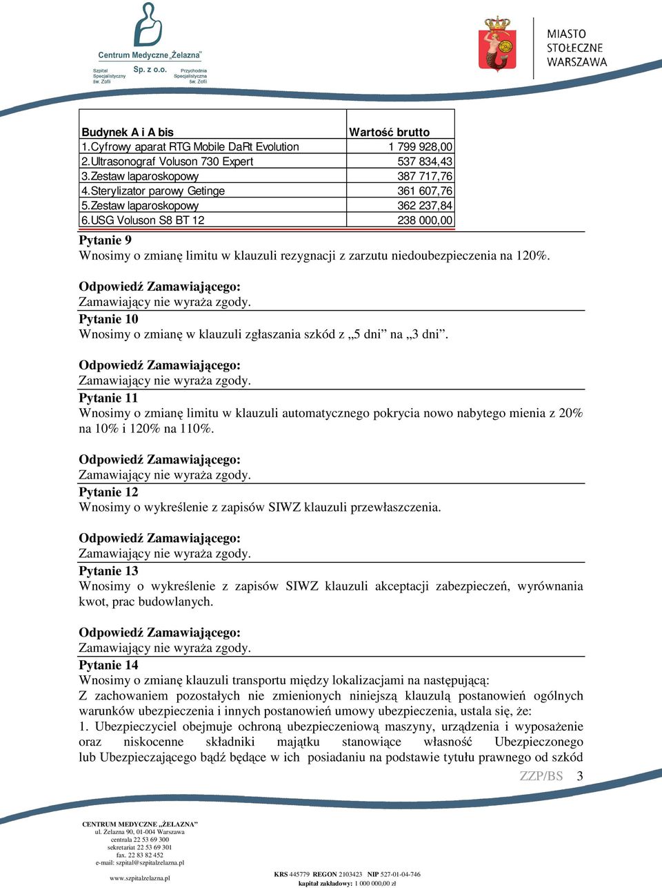 Pytanie 10 Wnosimy o zmianę w klauzuli zgłaszania szkód z 5 dni na 3 dni. Pytanie 11 Wnosimy o zmianę limitu w klauzuli automatycznego pokrycia nowo nabytego mienia z 20% na 10% i 120% na 110%.