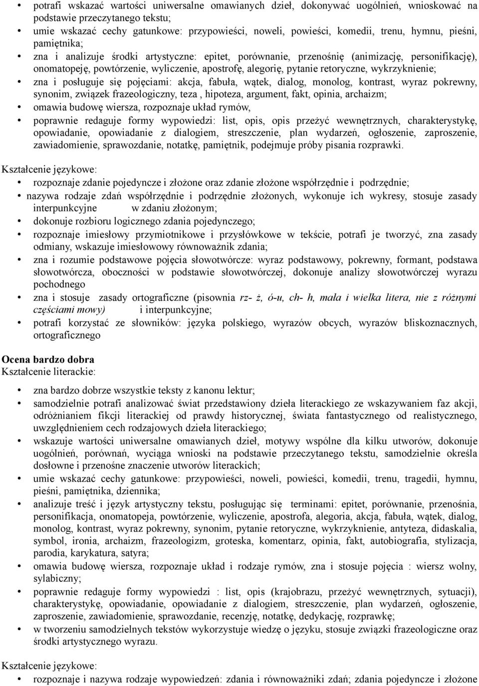 retoryczne, wykrzyknienie; zna i posługuje się pojęciami: akcja, fabuła, wątek, dialog, monolog, kontrast, wyraz pokrewny, synonim, związek frazeologiczny, teza, hipoteza, argument, fakt, opinia,