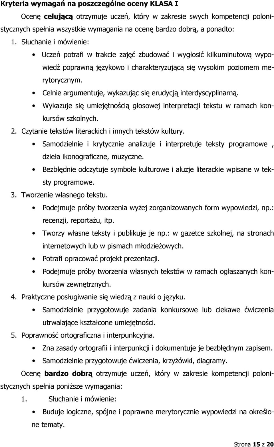 Celnie argumentuje, wykazując się erudycją interdyscyplinarną. Wykazuje się umiejętnością głosowej interpretacji tekstu w ramach konkursów szkolnych.