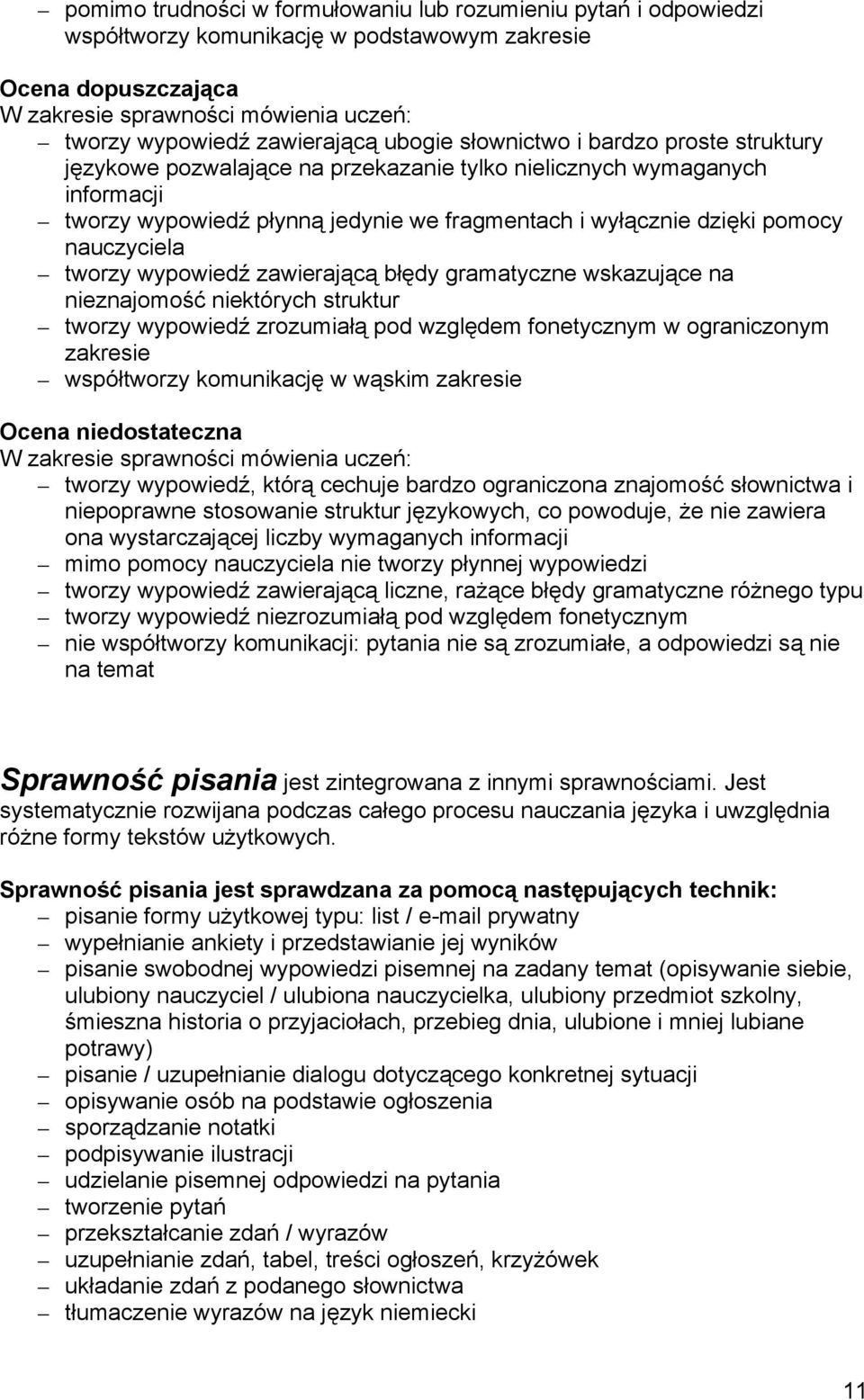 nauczyciela tworzy wypowiedź zawierającą błędy gramatyczne wskazujące na nieznajomość niektórych struktur tworzy wypowiedź zrozumiałą pod względem fonetycznym w ograniczonym zakresie współtworzy