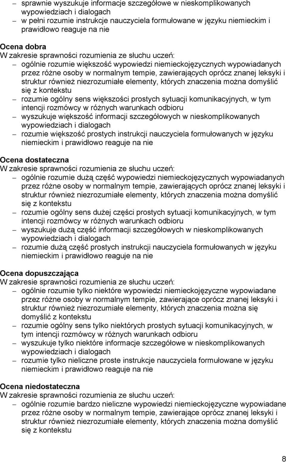 struktur również niezrozumiałe elementy, których znaczenia można domyślić się z kontekstu rozumie ogólny sens większości prostych sytuacji komunikacyjnych, w tym intencji rozmówcy w różnych warunkach