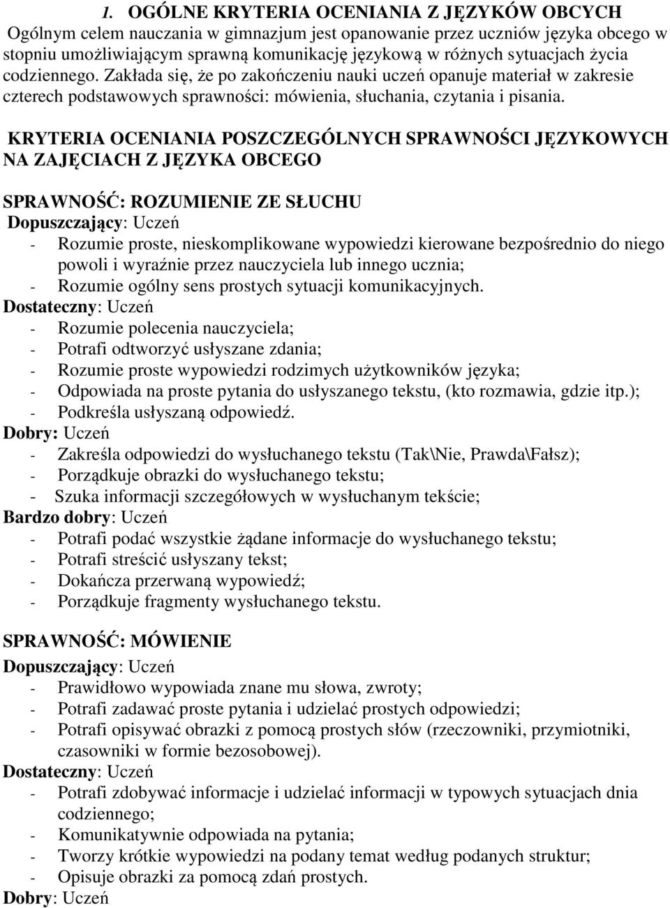 KRYTERIA OCENIANIA POSZCZEGÓLNYCH SPRAWNOŚCI JĘZYKOWYCH NA ZAJĘCIACH Z JĘZYKA OBCEGO SPRAWNOŚĆ: ROZUMIENIE ZE SŁUCHU - Rozumie proste, nieskomplikowane wypowiedzi kierowane bezpośrednio do niego