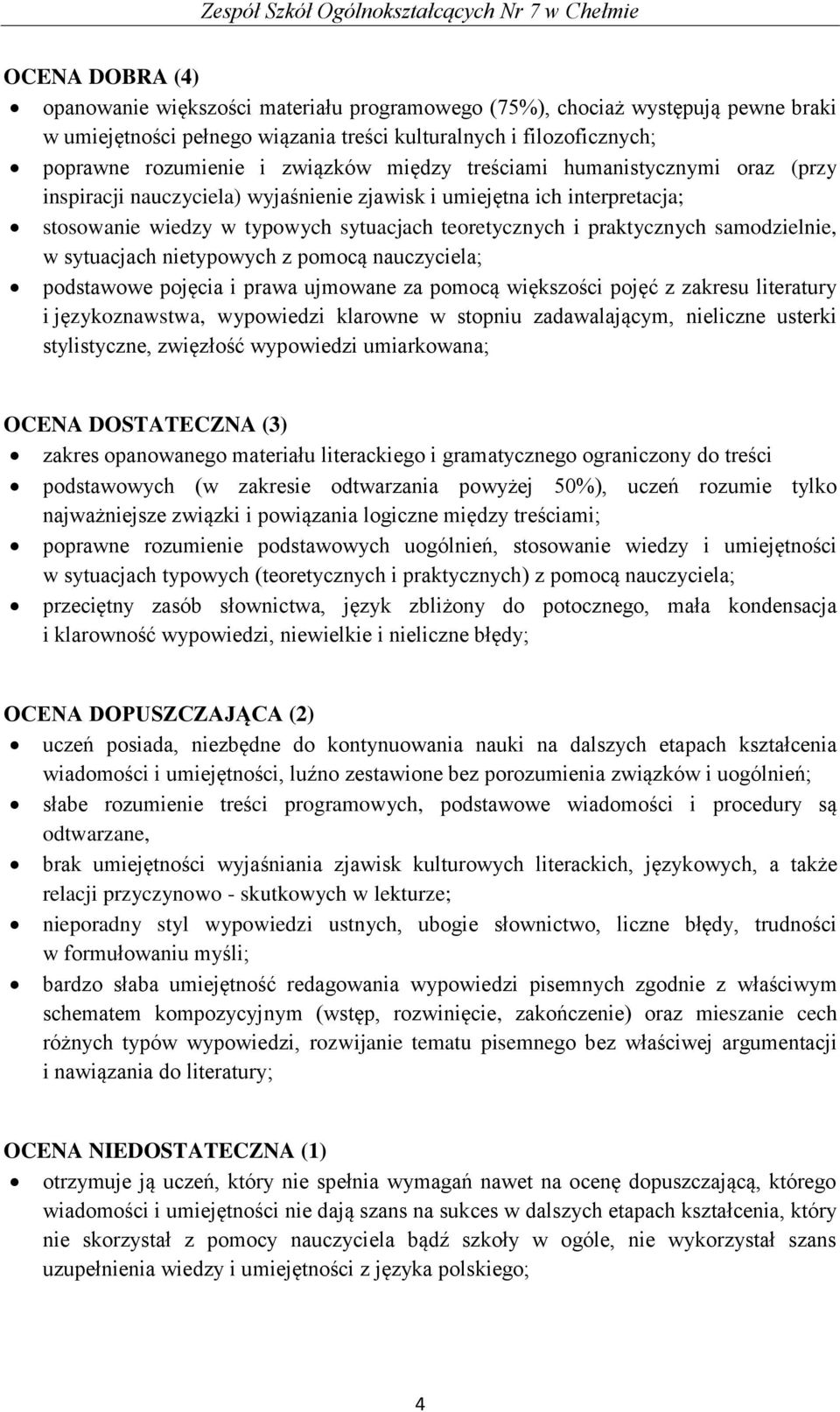 samodzielnie, w sytuacjach nietypowych z pomocą nauczyciela; podstawowe pojęcia i prawa ujmowane za pomocą większości pojęć z zakresu literatury i językoznawstwa, wypowiedzi klarowne w stopniu