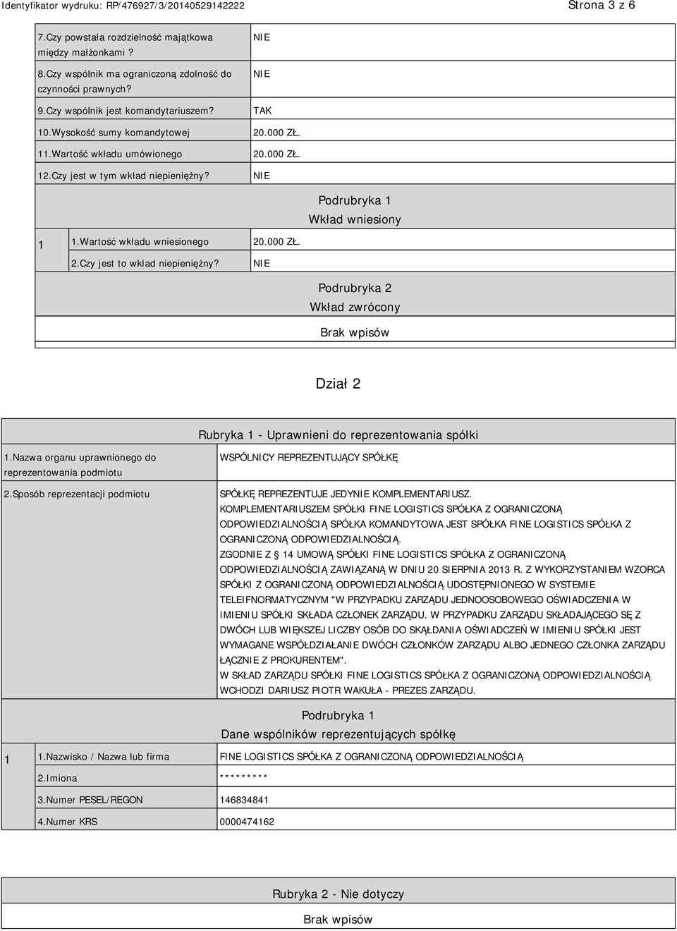Podrubryka 2 Wkład zwrócony Dział 2 Rubryka 1 - Uprawnieni do reprezentowania spółki 1.Nazwa organu uprawnionego do reprezentowania podmiotu 2.