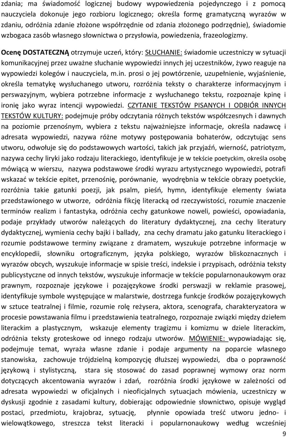 Ocenę DOSTATECZNĄ otrzymuje uczeń, który: SŁUCHANIE: świadomie uczestniczy w sytuacji komunikacyjnej przez uważne słuchanie wypowiedzi innych jej uczestników, żywo reaguje na wypowiedzi kolegów i