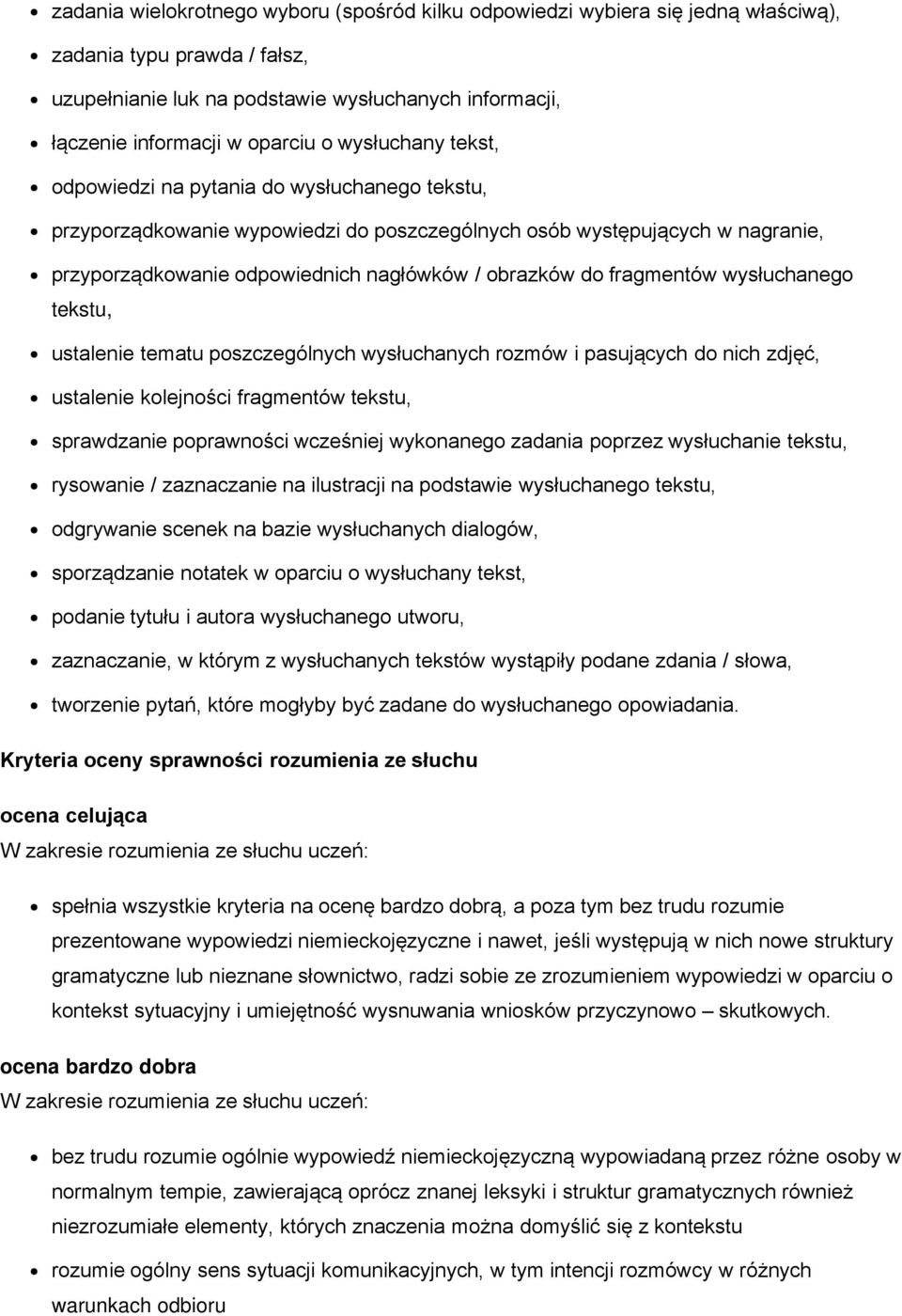 fragmentów wysłuchanego tekstu, ustalenie tematu poszczególnych wysłuchanych rozmów i pasujących do nich zdjęć, ustalenie kolejności fragmentów tekstu, sprawdzanie poprawności wcześniej wykonanego