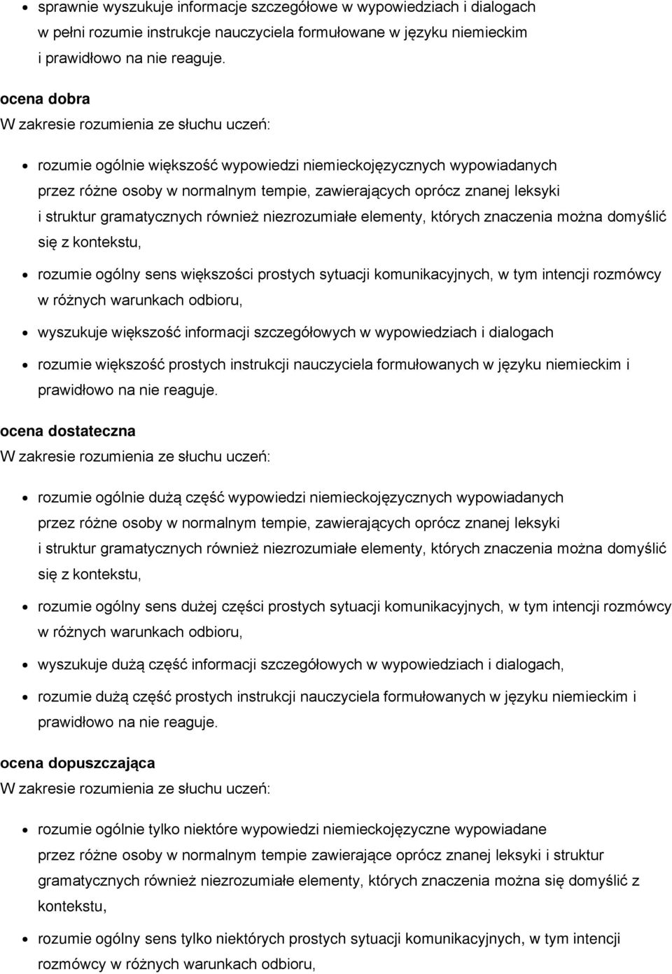 struktur gramatycznych również niezrozumiałe elementy, których znaczenia można domyślić się z kontekstu, rozumie ogólny sens większości prostych sytuacji komunikacyjnych, w tym intencji rozmówcy w